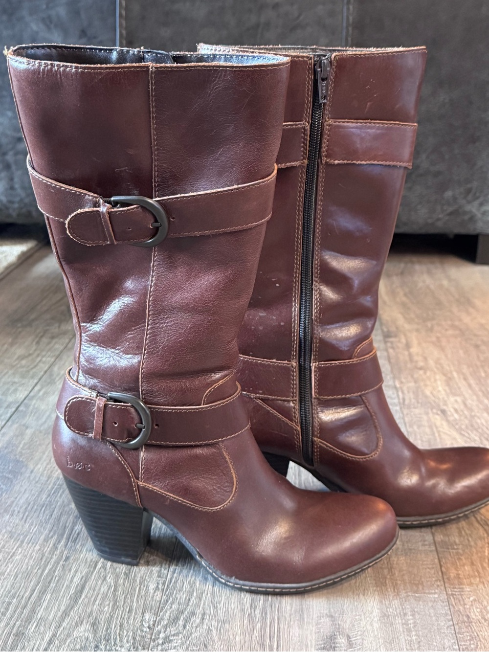 boc Brown Mid-Calf Heeled Leather Boots with Buckle Straps